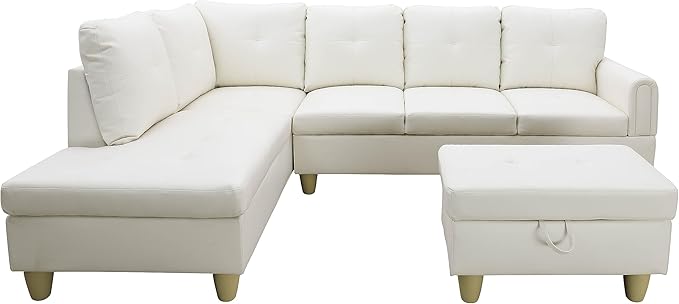 NicBex Modular L-Shaped Sectional Couches, 3-Piece Convertible Couch with Storage Ottoman, 4-Seat Comfy Sofa with Chaise for Living Room & Apartment, Elegant White
