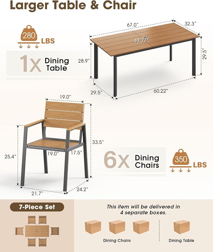 Outdoor Dining Set, Aluminum Patio HDPS Outdooor Table and Chairs Set with Umbrella Hole, All Weather Patio Furniture Set, Patio Dining Table Set,Gray & Teak,7 Pieces - Image 2