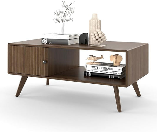 Manora Mid Century Modern Coffee Table with Storage Cabinet and Open Shelf, Wooden Living Room Table with Fluted Drawer and Solid Wood Legs, Walnut Finish Center Table for Small Spaces