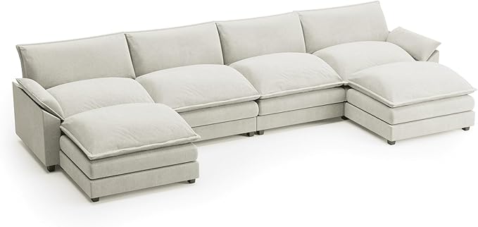 Shahoo Sectional Modular Sofa U Shaped Chenille Fabric Couch with High Supportive & Soft Sponges and Removable Ottoman, Sleeper Comfy Upholstered Furniture for Living Room, Bright Beige