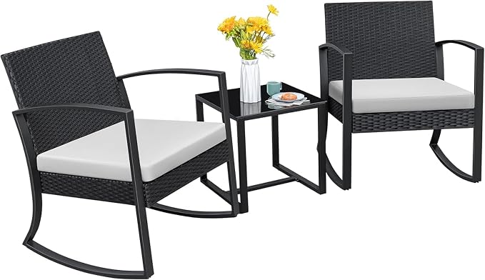 Homall Patio Furniture Set 3 Piece Resin Outdoor Bistro Set Rocking Patio Chairs with Cushions and Table for Porch, Poolside, Balcony and Yard (White) by Homall