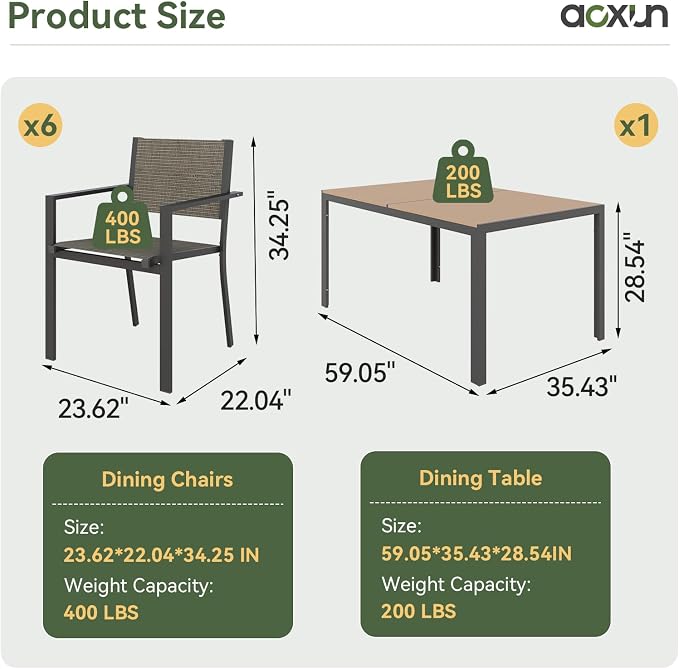 Aoxun 8-Piece Patio Table and Chairs Set & 15ft Patio Umbrella for 6, All Weather Outdoor Dining Set with 6 Textilene Chairs and 1 Rectangular Metal Table for Backyard, Garden, Brown/Blue - Image 4