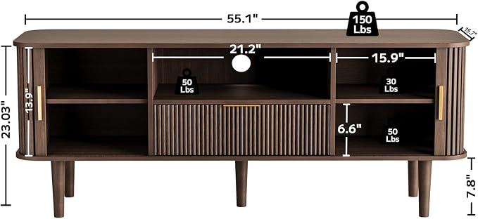 Fluted TV Stand, 55 Inch Mid Century Modern Media Console Table with Sliding Tambour Door Farmhouse Sideboard Buffet Cabinet Fits TVs up to 60 inch, Wood Entertainment Center for Living Room - Image 2