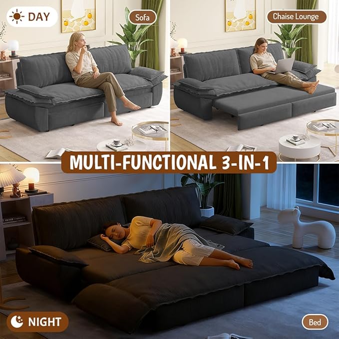 73.2" Queen Size Pull Out Sofa Bed, 3-in-1 Convertible Sleeper, Corduroy Loveseat for Living Room, Apartment, Bedroom Small Spaces, Dark Grey (Mattress & Bedding Not Included)