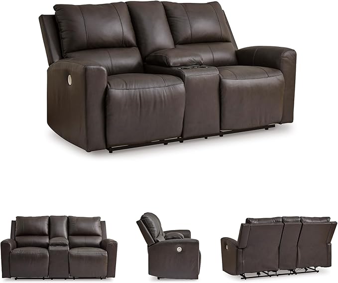 Signature Design by Ashley Boxmere Modern Leather Match Power Reclining Loveseat with Console and USB Ports, Dark Brown