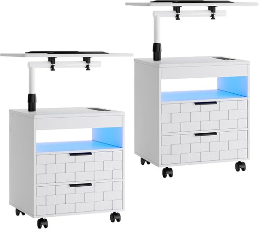 Lareth Nightstand Set of 2 with Drawers & Wheels, Smart Night Stands with Charging Station, Height Adjustable LED End Table, Rolling Bedside Table Set for Bedrooms, White by HOMEFURNITURE