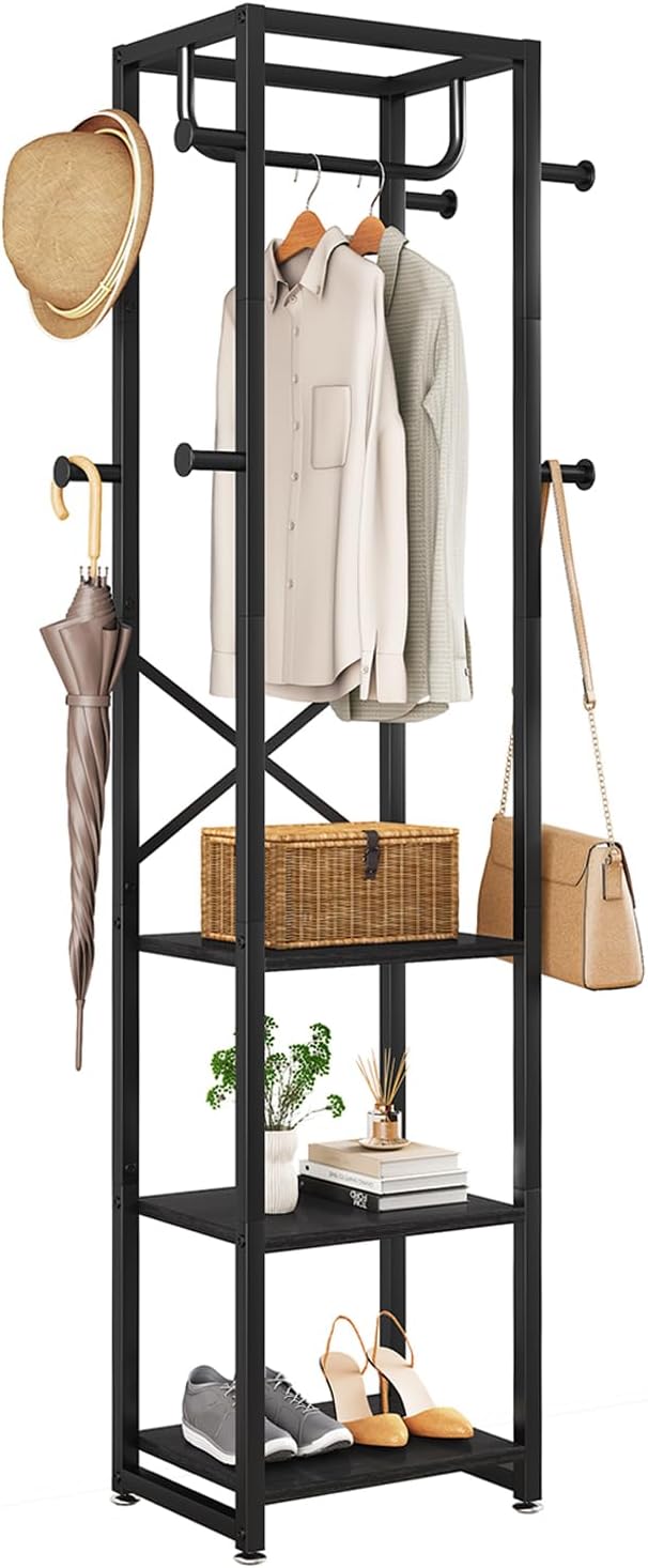 IBUYKE Coat Rack with Shelves, Freestanding Hall Tree with 3 Shelves and 8 Hooks, Industrial Clothes Stand for Entryway, Hallway, Bedroom, Black UTMJ088B by IBUYKE
