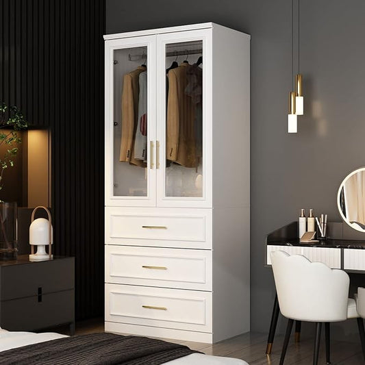 FAMAPY 2 Glass Door Wardrobe with 3 Drawers, Armoire Wardrobe with Hanging Rod, Gold Metal Handles, Closet for Bedroom White (31.7'W x 19.3'D x 74.9'H)