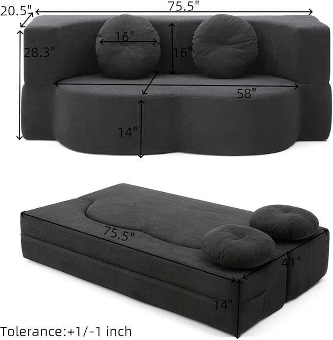KEIKI 2-in-1 Folding Sofa Bed with Pillow, Queen Sleeper Sofa, Floor & Futon Loveseat Couch, Foam Folding Mattress for Living Room, Guest Use, Office, Apartment, No Assembly Required, Black