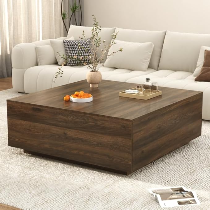 43 Inch Large Square Coffee Table with Storage,Modern Wooden Coffee Tables with 2 Drawers Storage for Living Room,Mid Century Tea Table/Aesthetic Coffee Table Center Table for Home Office(Walnut)