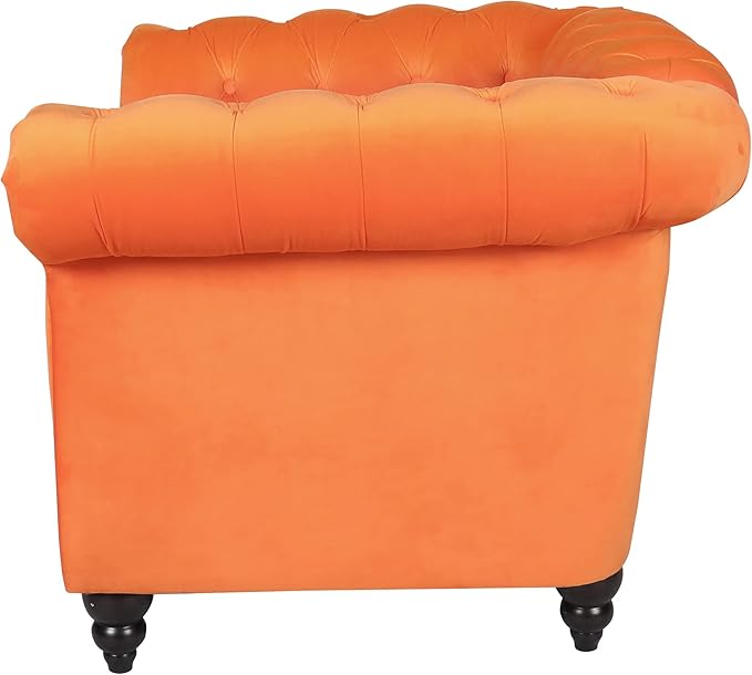 LEVNARY Velvet Chesterfield Armchair, Modern Sofa Chair with Button Tufted Backrest, Tufted Upholstered Rolled Chair for Home Reading Room (Orange)