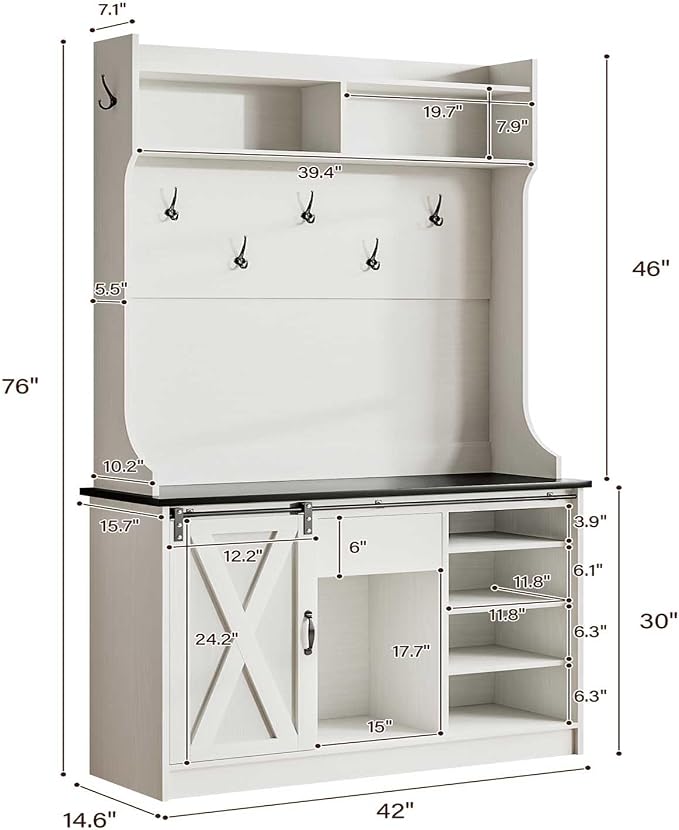 4ever2buy Farmhouse Hall Tree with Bench 5-in-1 Entryway Bench with Coat Rack with Sliding Barn Doors Entryway Coat Rack with Shoe Storage White - Image 2