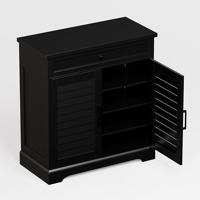 ChooChoo Shoe Cabinet with Doors, 4-Tier Shoe Storage Cabinet with Drawer and Shelves, Wooden Shoe Rack Organizer for Entryway, Hallway, Closet, Black - Image 7
