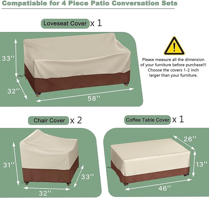 Gasadar Patio Furniture Cover Set, 4 Piece Outdoor Furniture Cover Waterproof, 600D Heavy Duty Lawn Patio Set Covers - Image 2