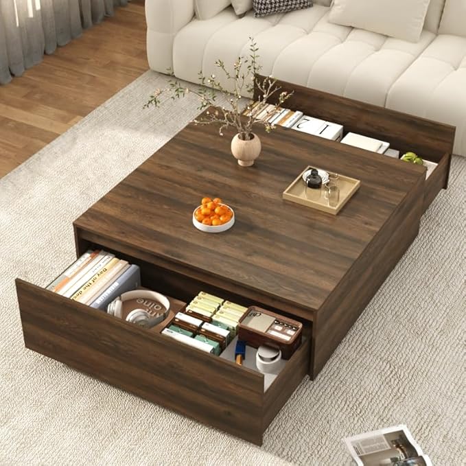 43 Inch Large Square Coffee Table with Storage,Modern Wooden Coffee Tables with 2 Drawers Storage for Living Room,Mid Century Tea Table/Aesthetic Coffee Table Center Table for Home Office(Walnut)