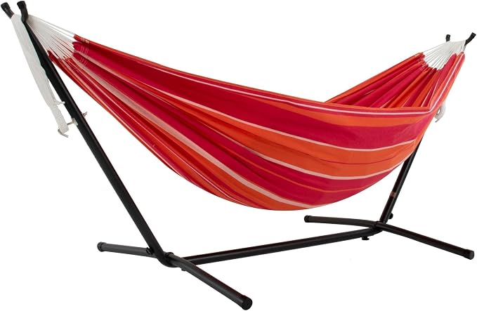 Vivere Double Cotton Hammock with Space Saving Steel Stand, Upgraded Polyester End Strings 450 lb Capacity - Premium Carry Bag Included - USA Grown Cotton (Mimosa) by Vivere
