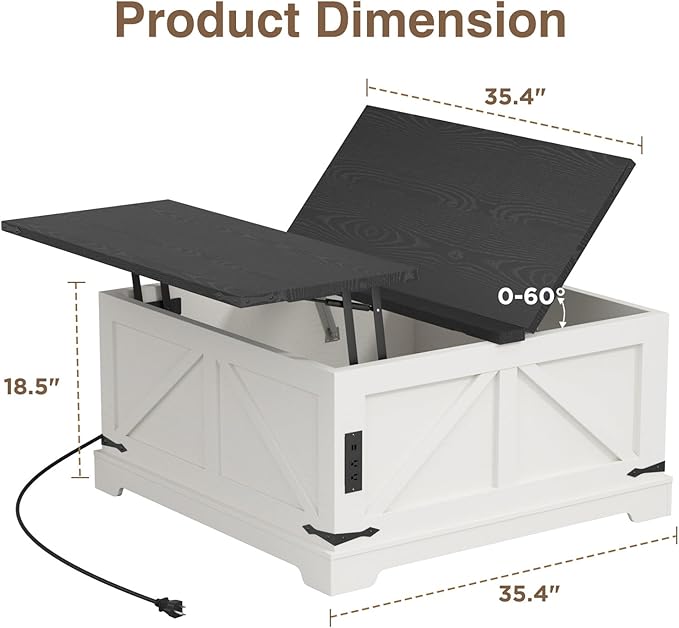 Coffee Table with Storage, Farmhouse Lift Top Wood Square Center Table with Charging Station, Rustic Cocktail Tables with Flip Top Lids for Living Room, Home Office, 35.4" W, White