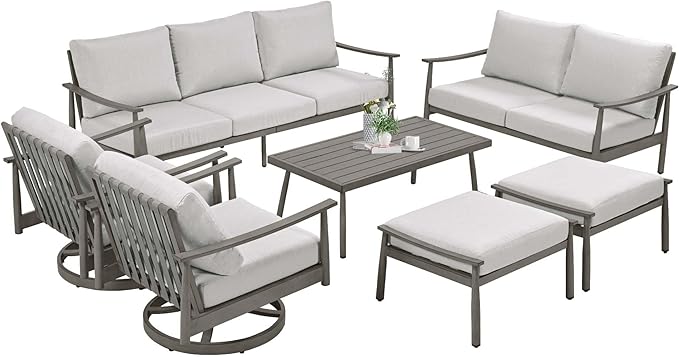 HAPPATIO Patio Outdoor Furniture Set - 7 Pieces Aluminum Outdoor Conversation Set Includes 1 Three-Seater Sofa, 1 Loveseat, 1 Coffee Table, 2 Swivel Chairs and 2 Ottomans for Porch, Lawn (Grey)