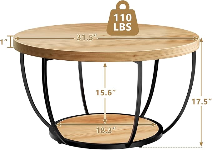 ROOMTEC 31.5" Round Coffee Table, 2-Tier Coffee Tables for Living Room, Small Wood Coffee Table with Storage, Modern Accent Center Table for Living Room & Kitchen