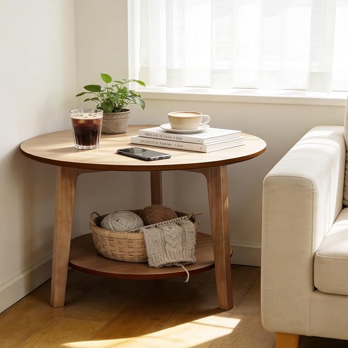 2-Tier Round Coffee Table Wood Nesting Side Table (Oak Coffee Table, 28x28x18)