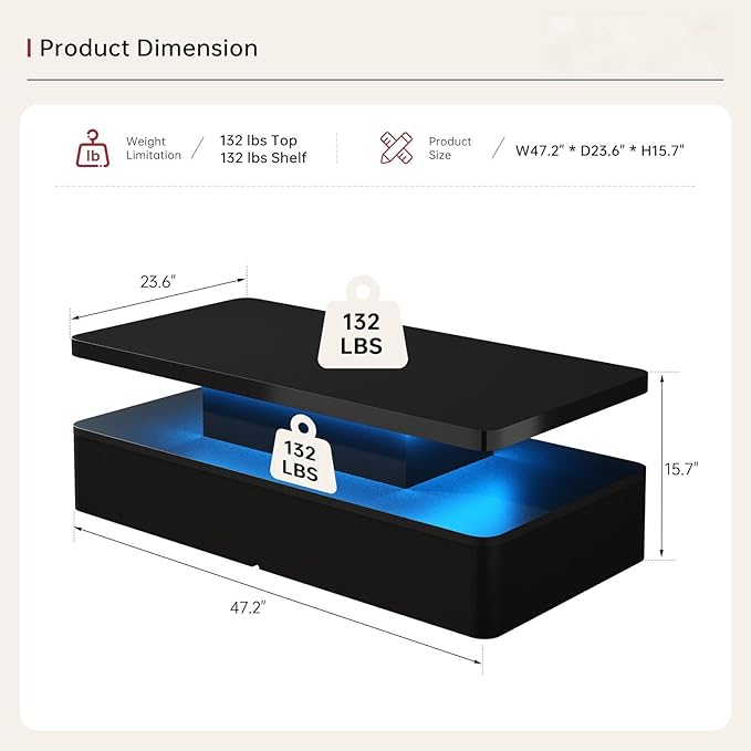 47" Modern Living Room Tables, LED Coffee Table with LED Lights, 2 Tier Rectangular Center Table with Large Storage, High Glossy Surface, Tea Table for Living Room, Black