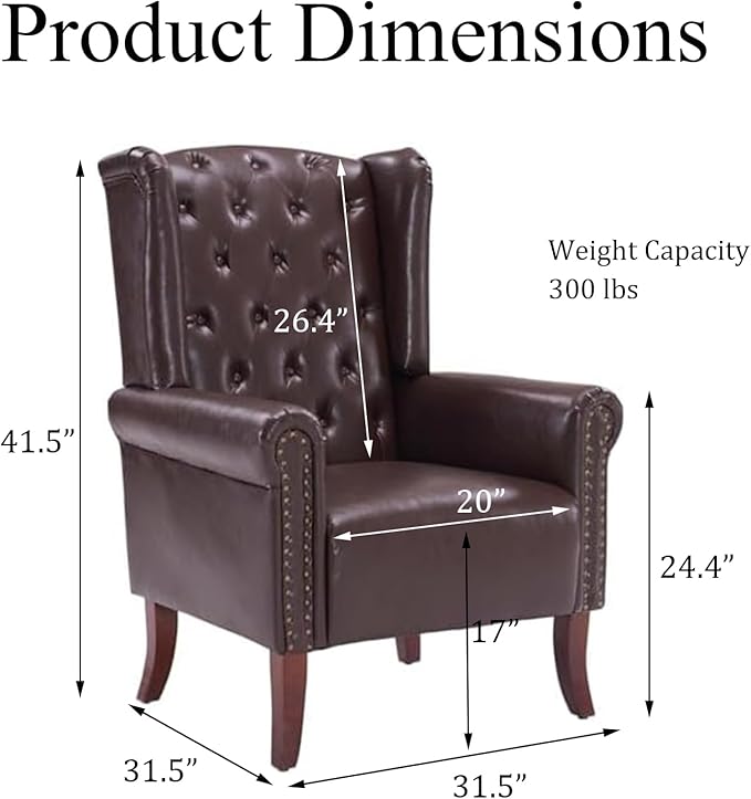 PU Leather Accent Chair Modern Wingback Armchair Club Sofa Chair High Back Living Room Chair for Bedroom, Office, Lounge (Caramel)