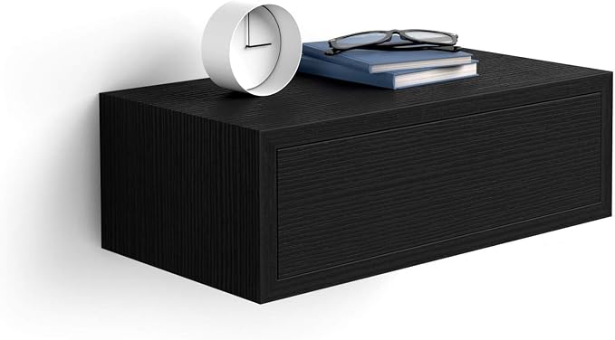 Mobili Fiver, Riccardo Floating nightstand, Ashwood Black, 17.7" x 9.8" x 6.1 ", Melamine-Finished, Modern Bedside Table, End Table, Italian Furniture by MobiliFiver