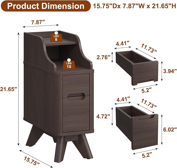 Narrow Side Table, Wooden Small 2 Drawer Nightstand with Charger Station, Thin Couch Side End Table, Brown Skinny Bedside Table Small Spaces, Mid Century Modern Night Stand with Drawers - Image 2