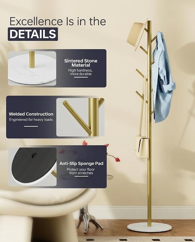Coat Rack with 8 Hooks, 3 Adjustable Heights, Modern Hall Tree, Sturdy Metal Clothes Stand with Sintered Stone Base for Entryway, Office, Bedroom, for Coats, Hats, Handbags and Scarves, Gold - Image 3