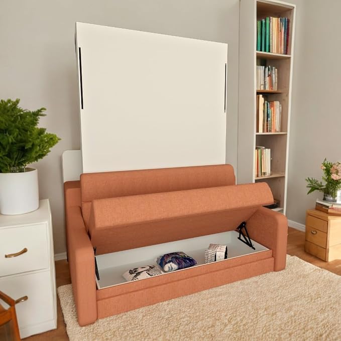 Full Size Murphy Bed Cabinet with Loveseat Sofa, White Hidden Beds,Wall Bedframe w/Orange Couch for Bedroom,Space-Saving, Noise Free