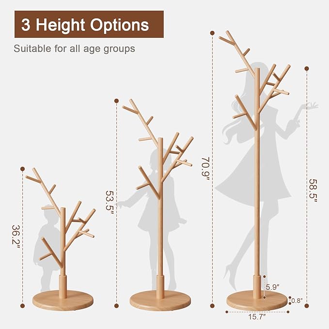 Muwuele Coat Rack,Solid Wood Coat Rack Freestanding with 12 Hooks,Coat tree freestanding 3 Adjustable Heights for coat, Hats, Handbags，Coat Stand for Entryway,Bedroom (Natural) - Image 5
