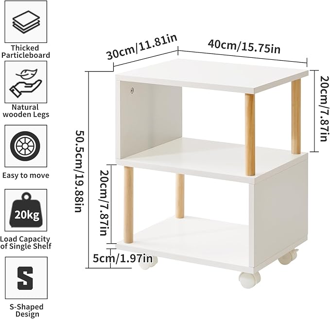Aibiju Wooden Night Stand with Open Shelf, Nightstand with Wheels, S-Shaped Bed Side Table 3 Tier, 20 inch High End Table White YD-TM155W - Image 3