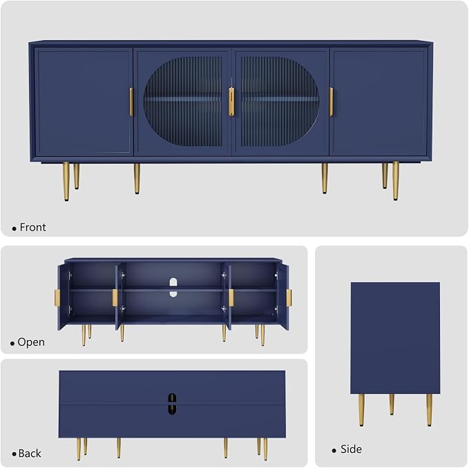 Blue TV Stand for TVs up to 75 Inch, 66" Modern Entertainment Center with Glass Door Storage, TV Cabinet Media Console for Living Room, Bedroom, Under TV Cabinet - Image 8