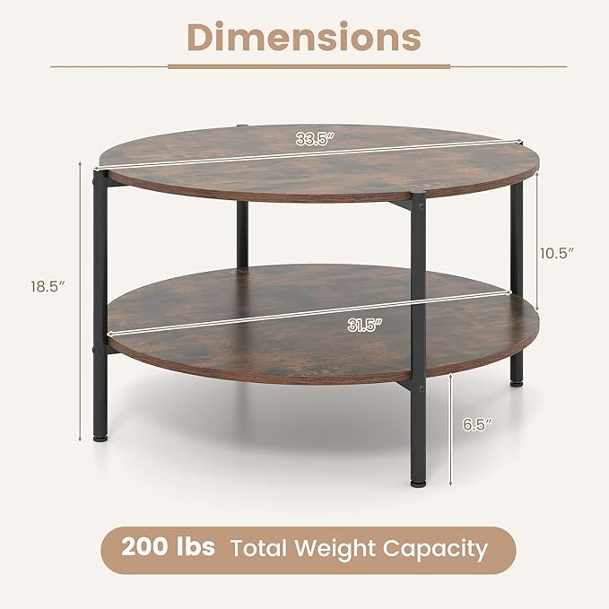 Giantex Round Coffee Table, 33.5" Small Center Table with Open Storage Shelf and Heavy-Duty Metal Frame, 2-Tier Wood Cocktail Accent Table, Living Room Tables for Small Spaces, Rustic Brown