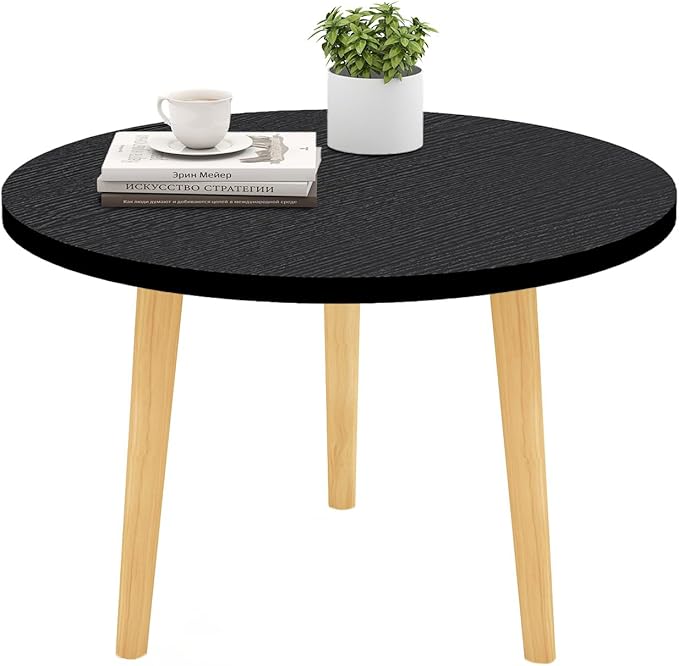 Round Coffee Table Low Table with 3 Solid Wood Sturdy Legs,Floor Table Desk for Sitting on The Floor,23.6"D x 23.6"W x 16"H Inches,Living Room/Toy room Furniture,Rental house Furniture (Black)