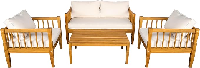 Christopher Knight Home 4-Piece Patio Furniture Set with Coffee Table, Acacia Wood Outdoor Conversation Set, 4 Seater Patio Sofa Set with Thick Cushions for Backyard,Balcony, Teak+Beige