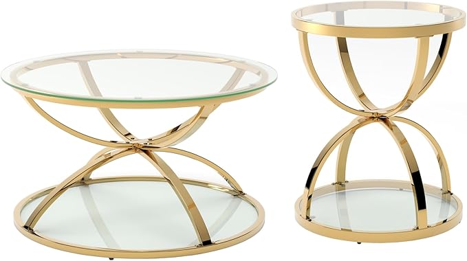 32" Tempered Glass Round Coffee Table with 20" Side Table Set, Modern Gold Frame Dome Base Two Tiers Circle Living Room Center and Small End Tables, Set of 2
