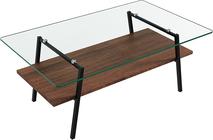 IANIYA Glass Coffee Table for Living Room Small Gold Mid Century Coffee Table for Living Room with Wood Shelves (Black Frame, Transparent Glass + Brown Wood)