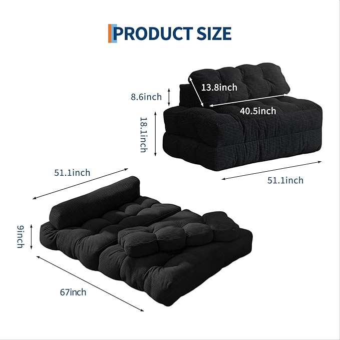 Garvee Folding Sofa Bed, Convertible Sleeper Chair with Pillow Foldable Mattress with Back Support, Boneless Fold Out Chair Bed Comfy Floor Sofa Lounge for Living Room, Bedroom, Black, Full