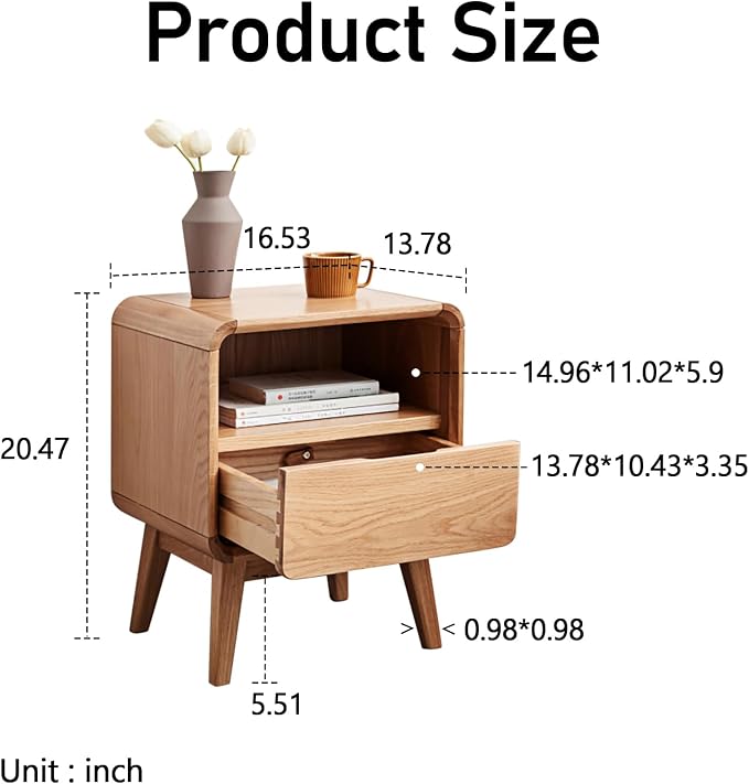 Solid Wood Nightstand Set of 2, Mid Century Modern Nightstands with Drawer, Small Nightstand with Open Storage, Small Bedside Table for Bedroom, Dormitory(Natural Wood Color) - Image 2