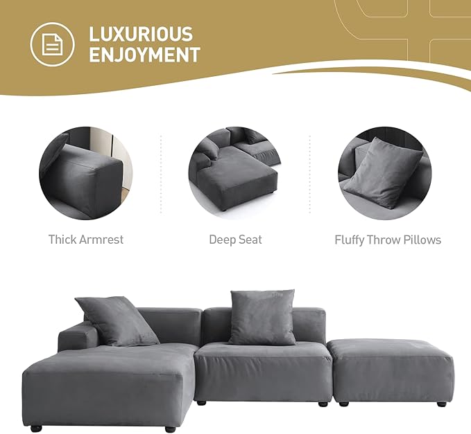 Acanva Luxury Modern Modular L-Shape Sectional Sofa Set, 3 Seat Upholstered Couch with Chaise Lounge for Living Room Bedroom Apartment,Gray