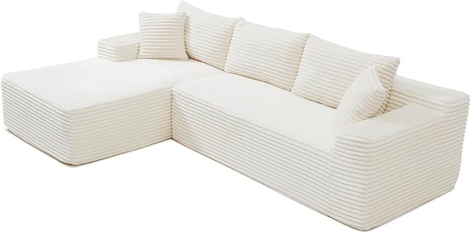 105-Inch L-Shaped Left Facing Corner Compressed Sofa Modular Sectional Boneless Cloud Sofa Floor Foam Couch with Chaise Lounge, Corduroy Corner Boneless Cloud Couch