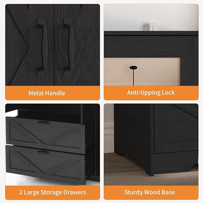 3 Doors Armoire Wardrobe Closet with Mirror Door and LED Lights,Bedroom Armoire with Drawers,Large Capacity Freestanding Armoire with Hanging Rod,Adjustable Shelves and Hooks(Black)