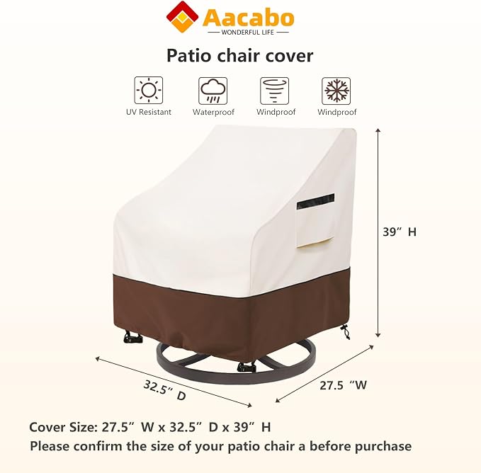 Outdoor Swivel Lounge Chair Cover 2 Pack,Waterproof Patio Chair Covers,27.5W x 32.5 D x 39 H inches Outdoor Patio Rocking Chair Covers -Beige - Image 2
