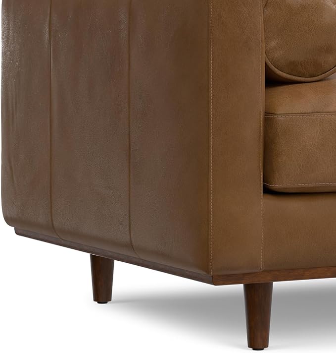 SIMPLIHOME Morrison Arm Chair - 42 inch Wide Upholstered Genuine Leather Mid-Century Modern Accent Chair in Caramel Brown with Solid Wood Legs, Reversible Bolster Pillows and Reclined Back