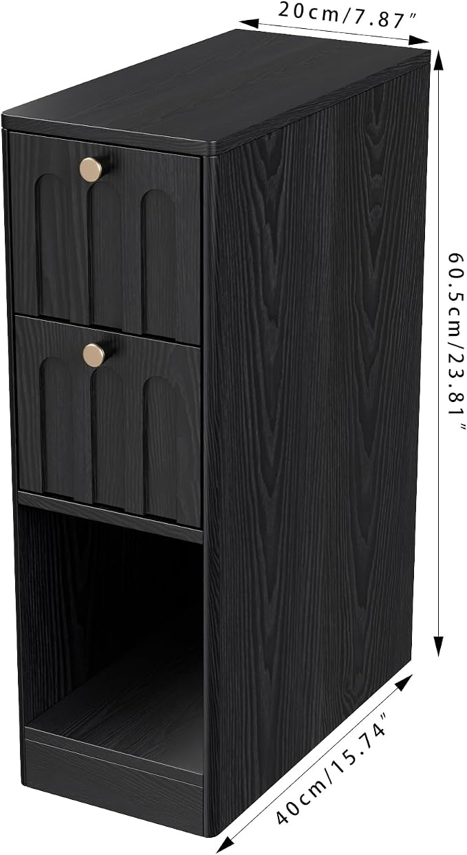 Black Small Nightstand Set of 2, Narrow Bedside Table with Arched Drawer, Wood Nightstand, Skinny Side End Table, Mid Century Modern Night Stand for Bedroom, Small Spaces, Slim, Boho - Image 2