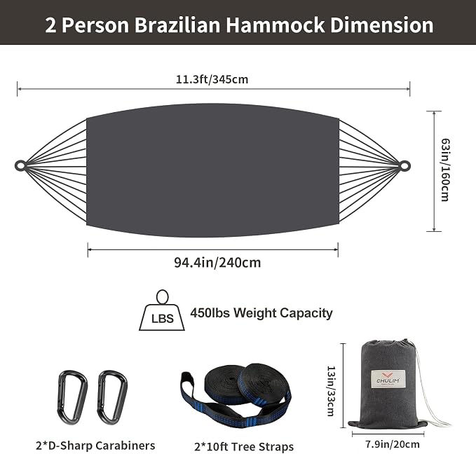 CHULIM Brazilian Double Hammock with Tree Straps,Extra Large 94x63IN,2 Persons Hammock for Backyard Patio Outdoor and Indoor,450lbs Weight Capacity,Soft Woven Cotton Fabric - Dark Grey - Image 3