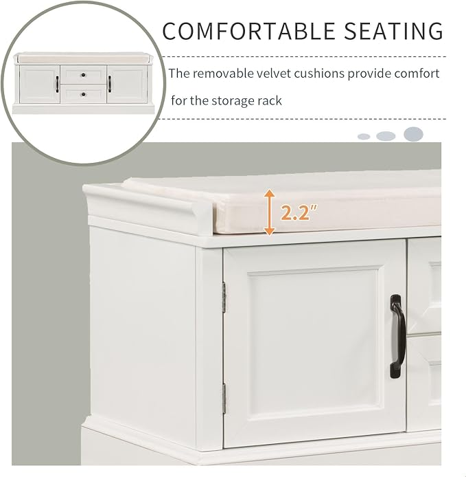 GDFStudio Rustic Storage Bench with 4 Doors 2 Draws Adjustable Shelves Removable Cushion Rectangular Cabinet Foot Rest Stool Solid Wood Shoe Bench Seating for Entryway Living Room, White - Image 4
