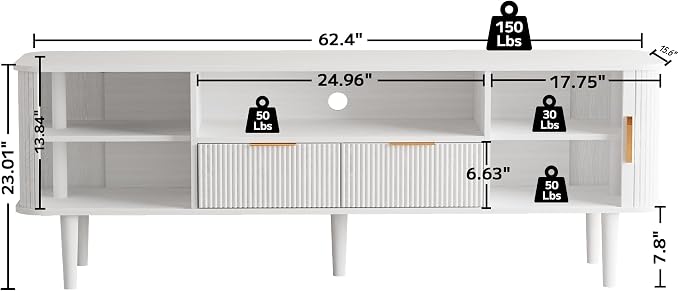 Fluted TV Stand, 62.4 Inch Mid Century Modern Media Console Table with Drawer Sliding Tambour Door Farmhouse Sideboard Buffet Cabinet Fits TVs up to 75 inch Wood Entertainment Center(White) - Image 2