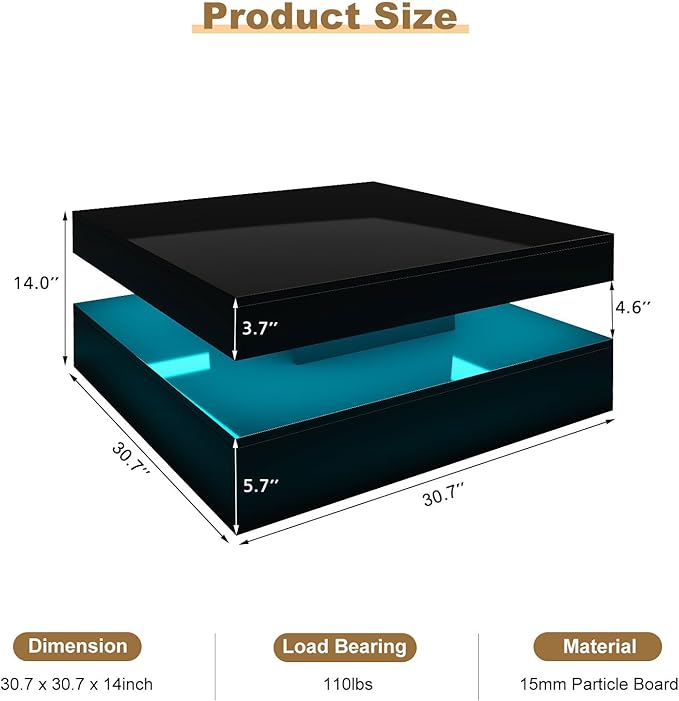Black LED Coffee Table for Living Room, Living Room Table 2-Tier Square Center Tables, Wood Coffee Tables with Storage, Tea Table for Dining Reception Room